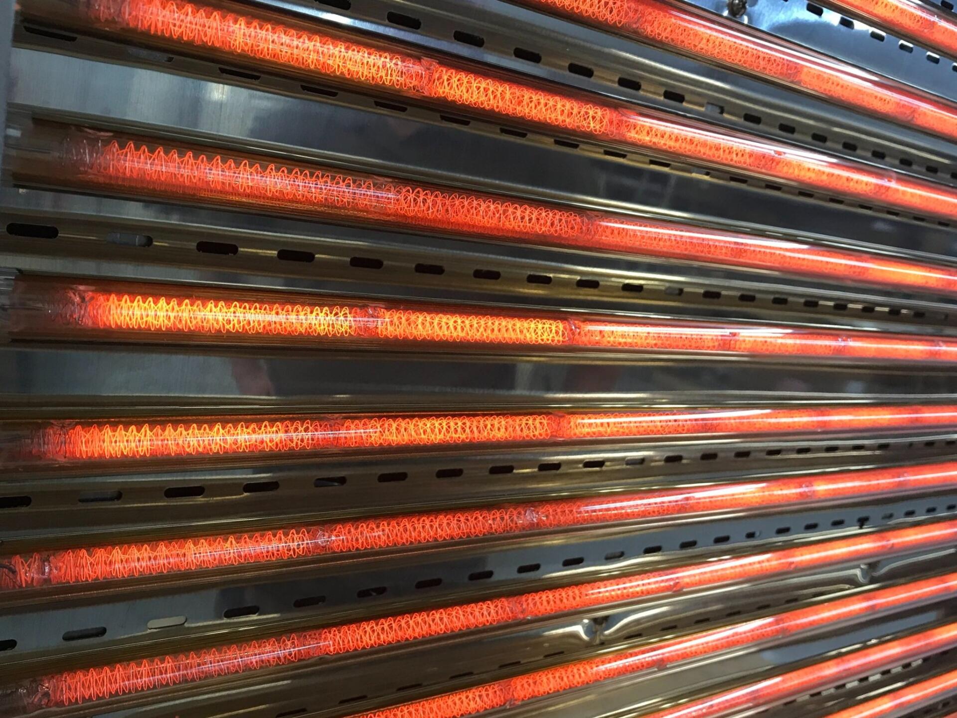 A wall of medium-wave infrared lamps from Fannon Products