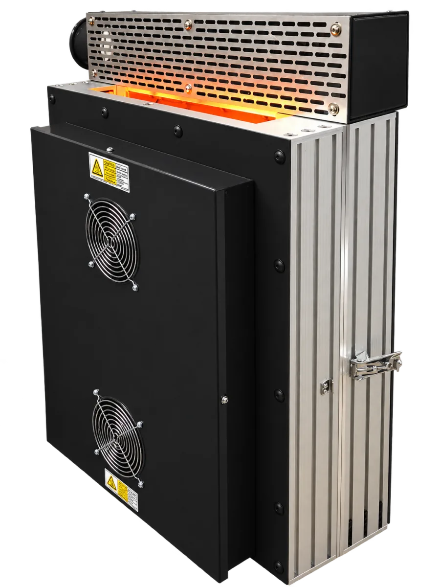 Fannon clam shell web dryer with black housing, aluminum frame, latch and infrared glow at the web opening