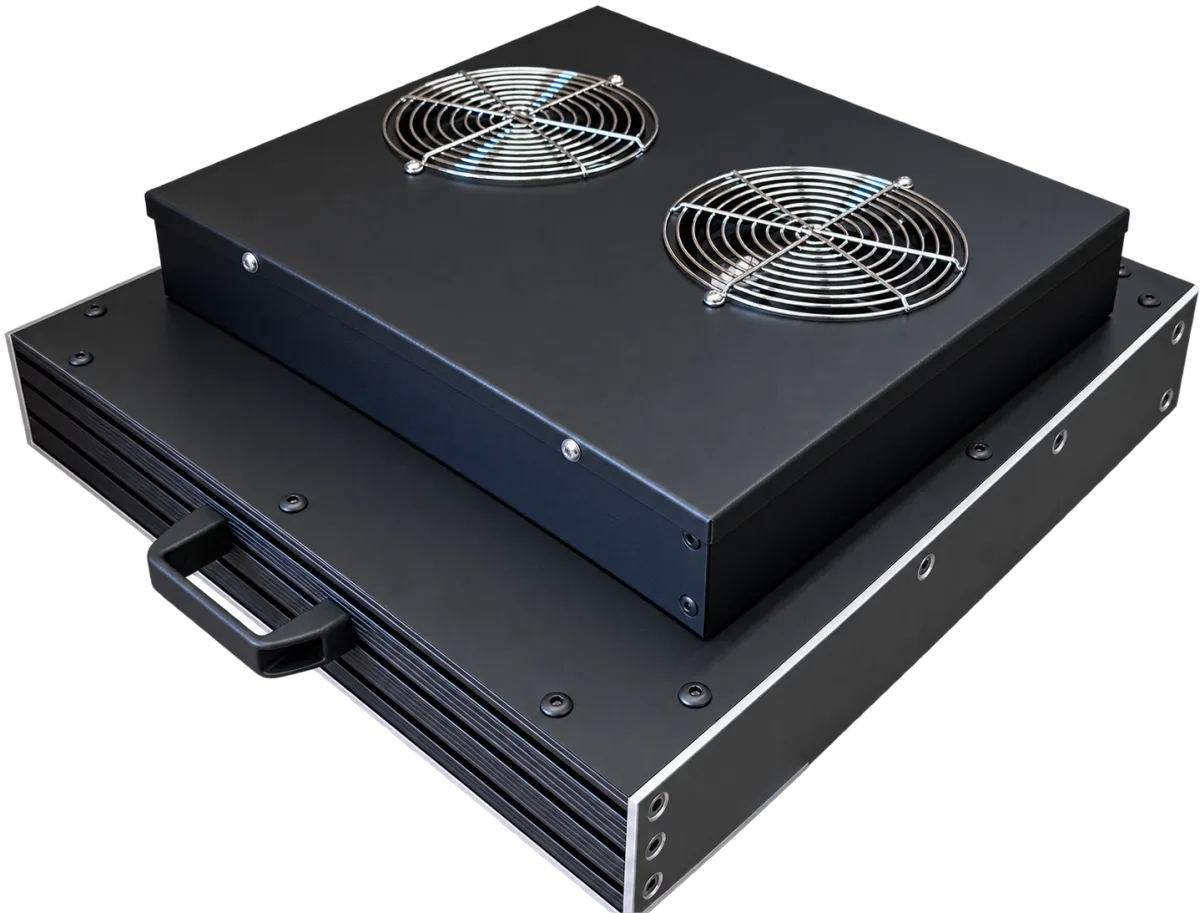 Fannon web drying system with a black housing, twin cooling fans and a side carry handle