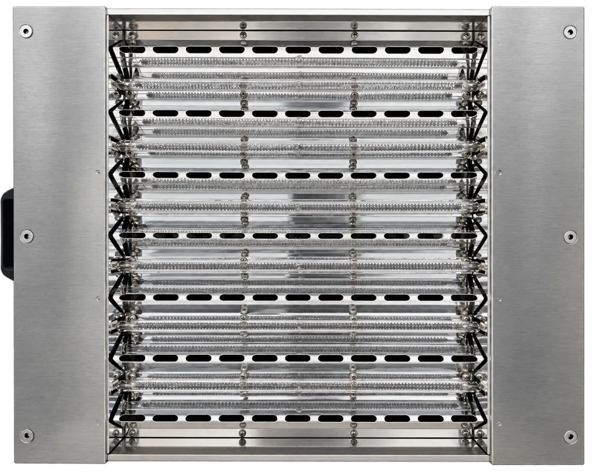Lamp face of a Fannon web drying system showing rows of infrared lamps over mirror finished reflectors