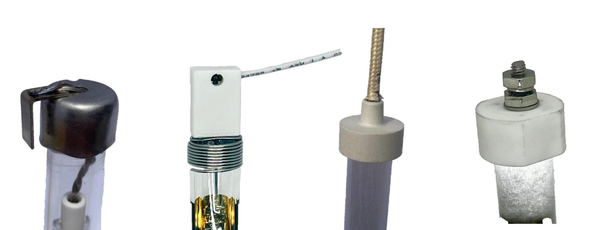 Different types of end caps and connectors for Fannon Product's custom replacement infrared lamps